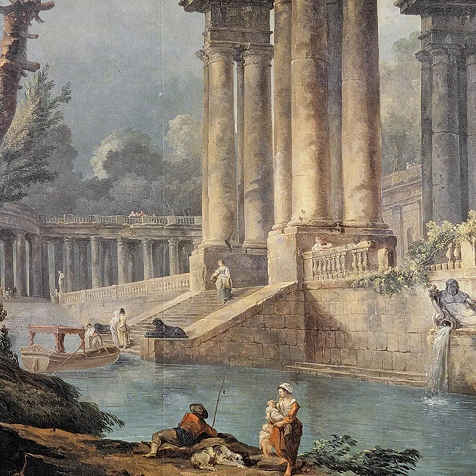 The Ruins Near The Water Framed Canvas Replica Painting: Small