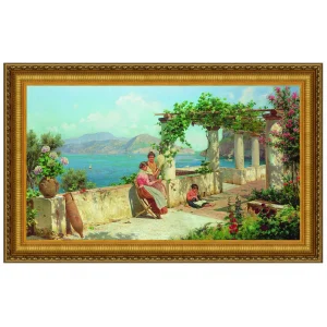 Figures on a Terrace in Capri Framed Canvas Replica Painting: Small