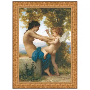 Young Girl Defending Herself Against Eros Framed Canvas Replica Painting: Grande