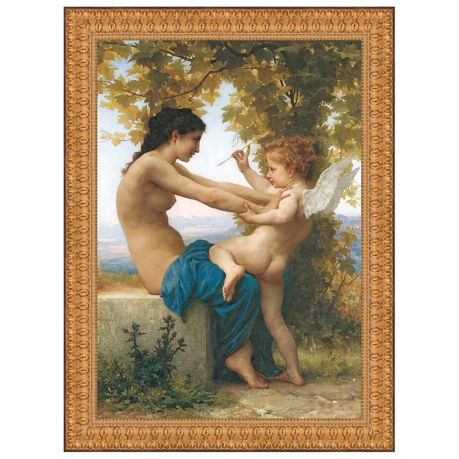 Young Girl Defending Herself Against Eros Framed Canvas Replica Painting: Grande