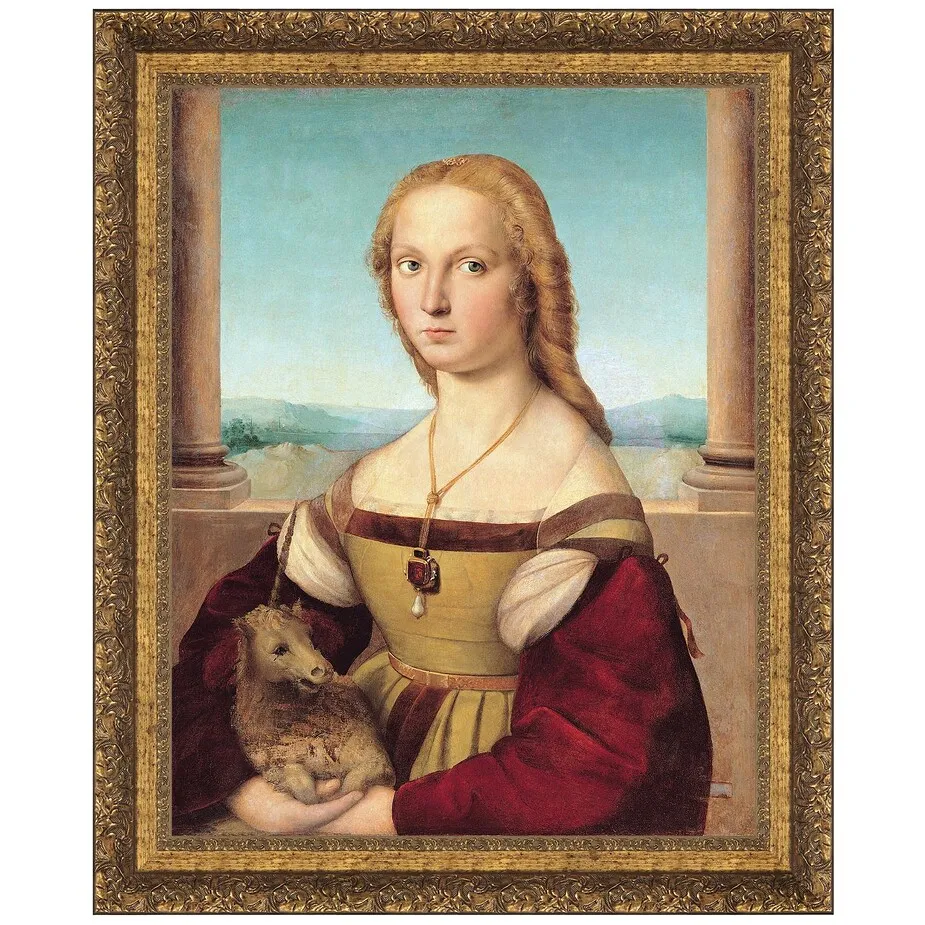 Young Woman with Unicorn Framed Canvas Replica Painting: Medium