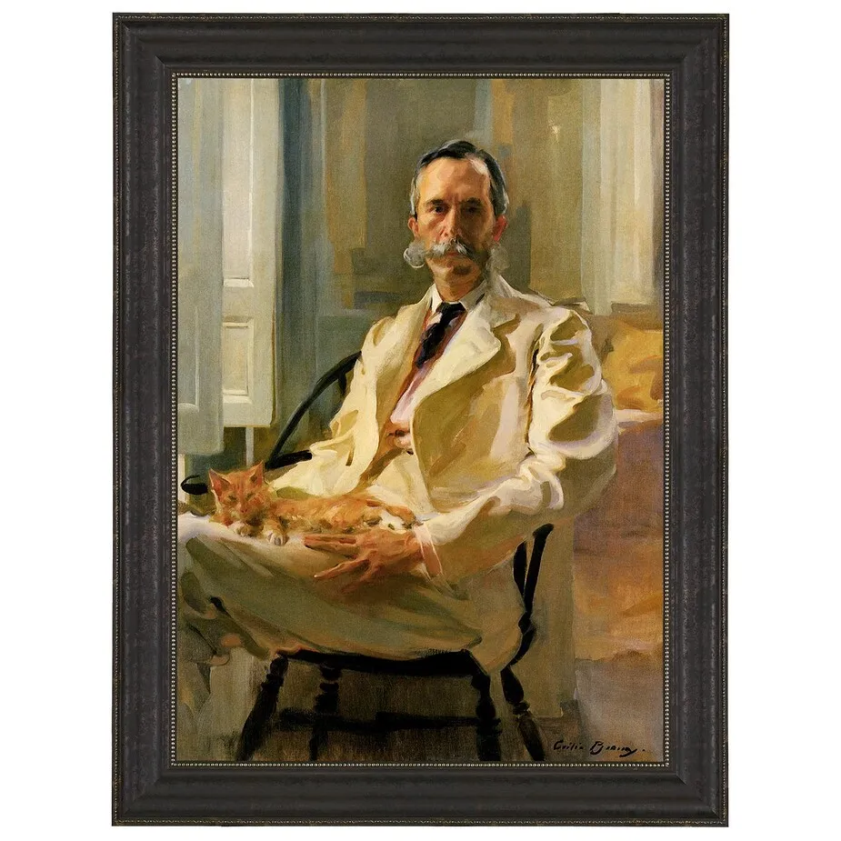 Man with Cat Framed Canvas Replica Painting: Medium