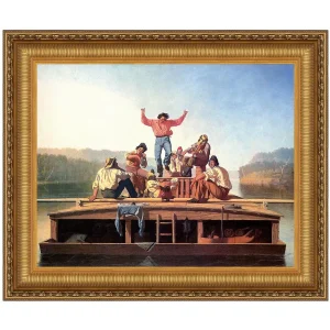 Jolly Flatboatmen in Port Framed Canvas Replica Painting: Small