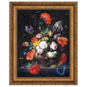 Still Life with Flowers and a Watch Framed Canvas Replica Painting: Small