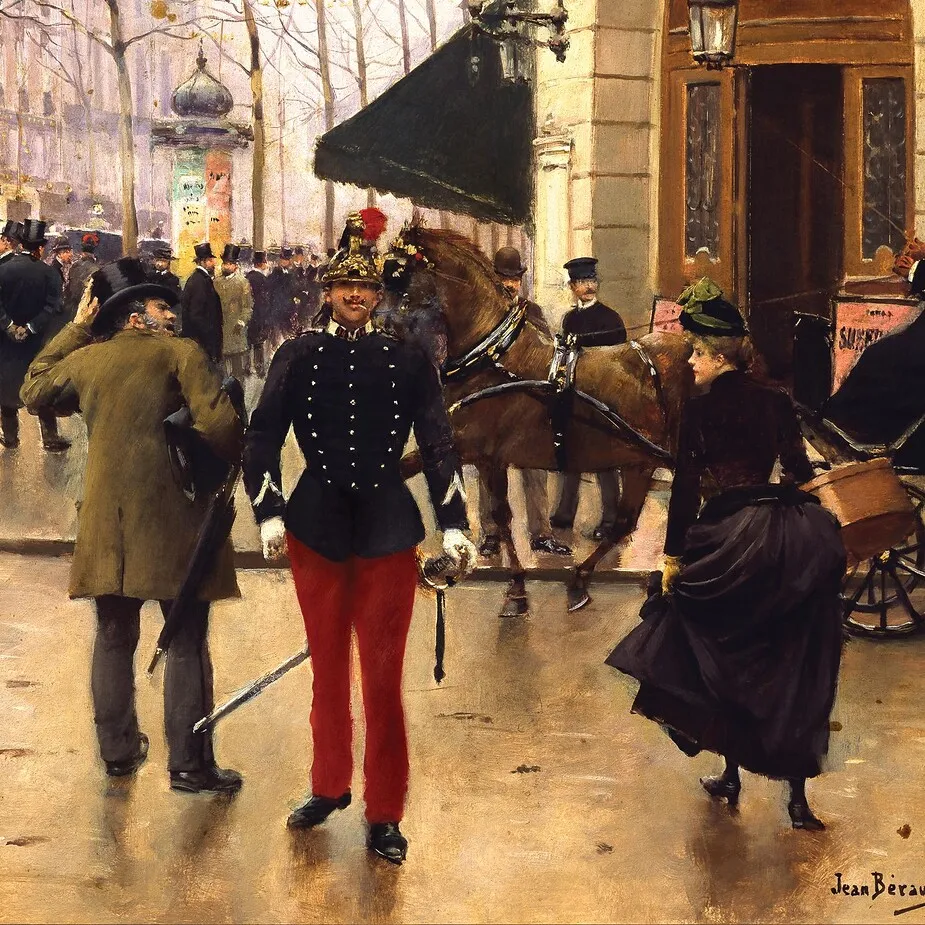 Boulevard des Capucines and Vaudeville Theatre in Paris Framed Canvas Replica Painting: Small