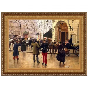 Boulevard des Capucines and Vaudeville Theatre in Paris Framed Canvas Replica Painting: Small