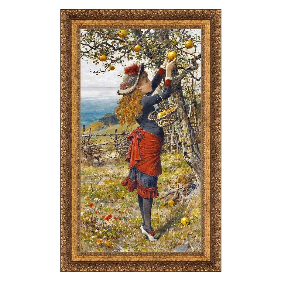 Picking Apples Framed Canvas Replica Painting: Medium