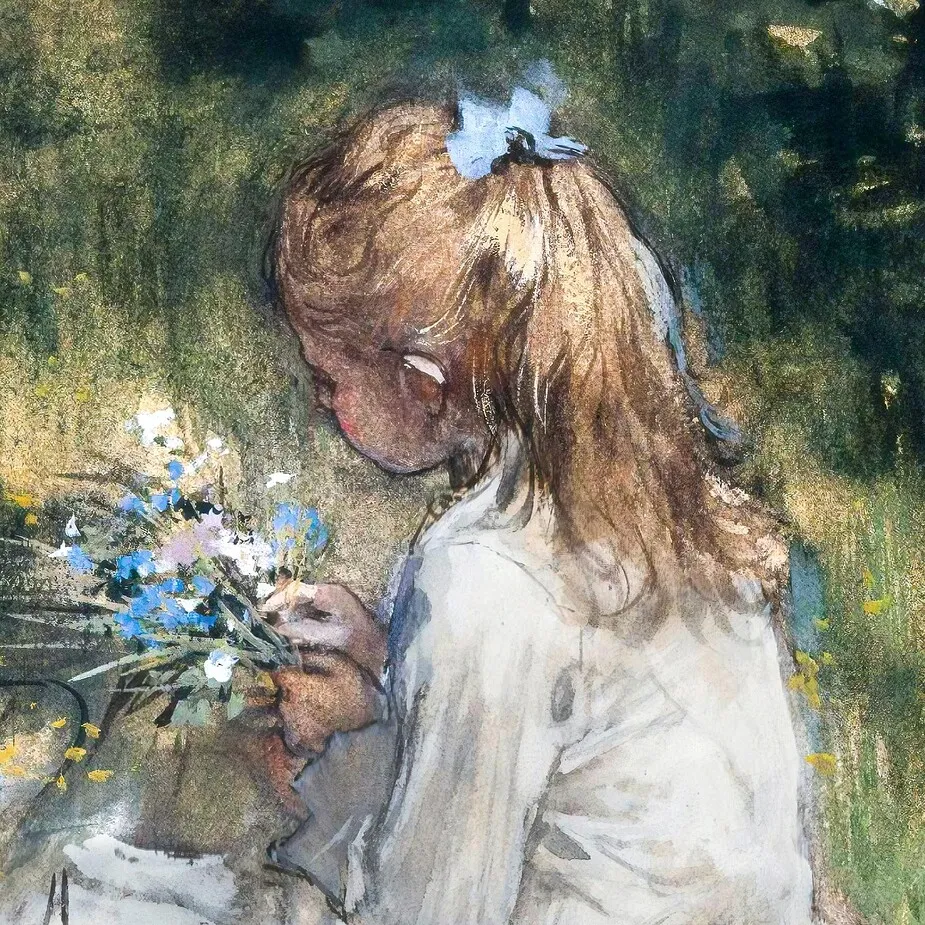 A Girl with Flowers on the Grass Framed Canvas Replica Painting: Large