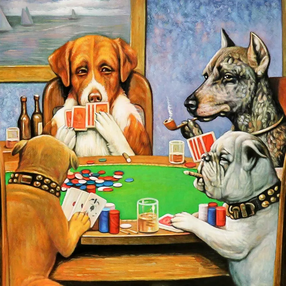 A Friend in Need (Poker Dogs) Framed Canvas Replica Painting: Small